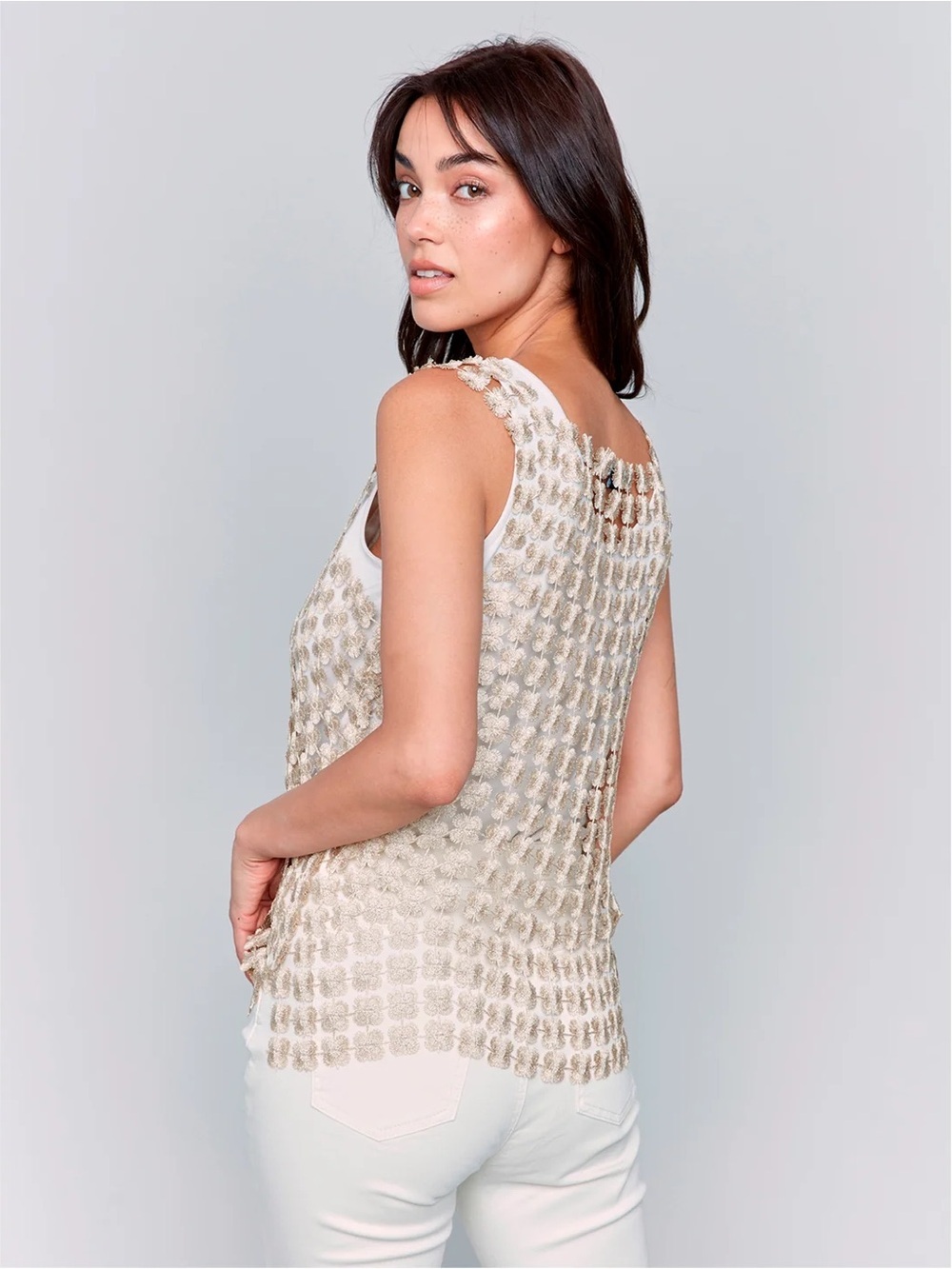 Charlie B Sleeveles Appliqué Sheer Tank Top in Champagne - Picture 2 of 6